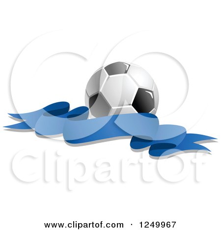 Clipart of a 3d Soccer Ball and Blue Ribbon Banner - Royalty Free Vector Illustration by Vector Tradition SM