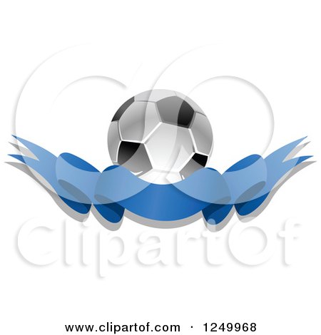 Clipart of a 3d Soccer Ball and Blue Ribbon Banner 2 - Royalty Free Vector Illustration by Vector Tradition SM