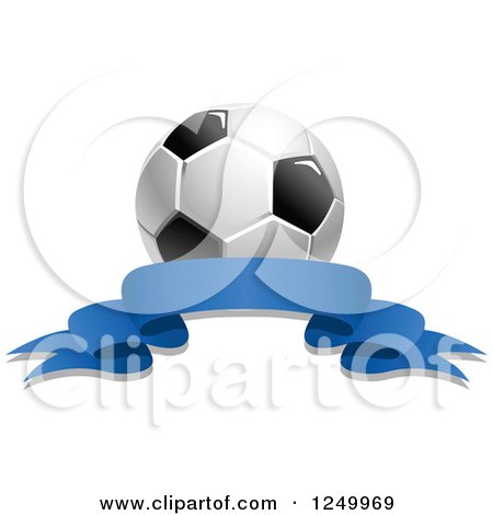 Clipart of a 3d Soccer Ball and Blue Ribbon Banner 3 - Royalty Free Vector Illustration by Vector Tradition SM