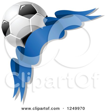 Clipart of a 3d Soccer Ball and Blue Ribbon Banner 4 - Royalty Free Vector Illustration by Vector Tradition SM