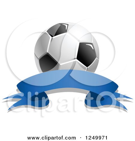 Clipart of a 3d Soccer Ball and Blue Ribbon Banner 5 - Royalty Free Vector Illustration by Vector Tradition SM