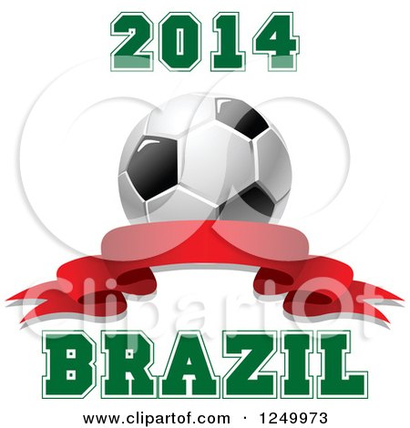 Clipart of a 3d Soccer Ball and Red Ribbon Banner with 2014 Brazil Text - Royalty Free Vector Illustration by Vector Tradition SM