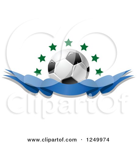 Clipart of a 3d Soccer Ball with Stars and a Blue Ribbon Banner - Royalty Free Vector Illustration by Vector Tradition SM