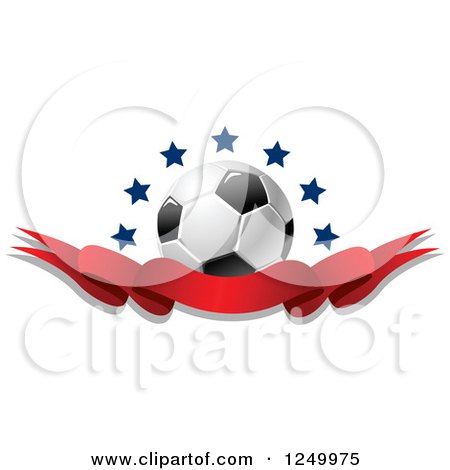 Clipart of a 3d Soccer Ball with Stars and a Red Ribbon Banner - Royalty Free Vector Illustration by Vector Tradition SM