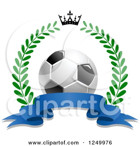 Clipart of a 3d Soccer Ball, Crown, Laurel Wreath and Blue Ribbon Banner - Royalty Free Vector Illustration by Vector Tradition SM