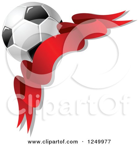 Clipart of a 3d Soccer Ball and Red Corner Ribbon Banner - Royalty Free Vector Illustration by Vector Tradition SM