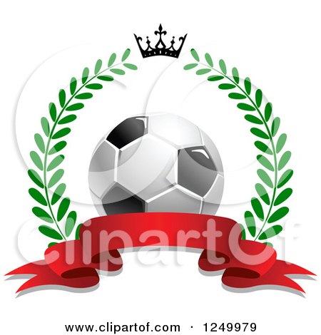 Clipart of a 3d Soccer Ball, Crown, Laurel Wreath and Red Ribbon Banner - Royalty Free Vector Illustration by Vector Tradition SM