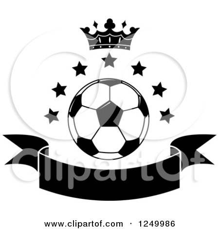 Clipart of a Black and White Soccer Ball with Stars a Crown and a Ribbon Banner - Royalty Free Vector Illustration by Vector Tradition SM