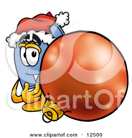 Clipart Picture of a Blue Postal Mailbox Cartoon Character Wearing a Santa Hat, Standing With a Christmas Bauble by Mascot Junction