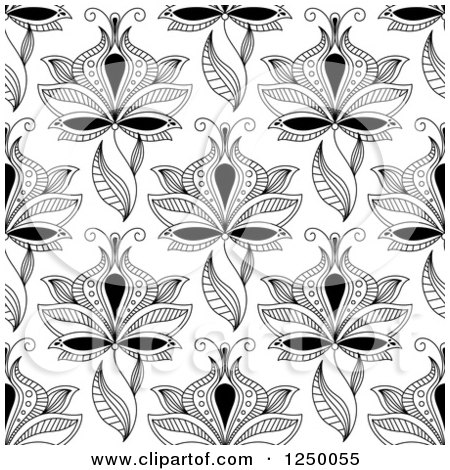 Clipart of a Seamless Background Pattern of Black and White Henna Flowers - Royalty Free Vector Illustration by Vector Tradition SM