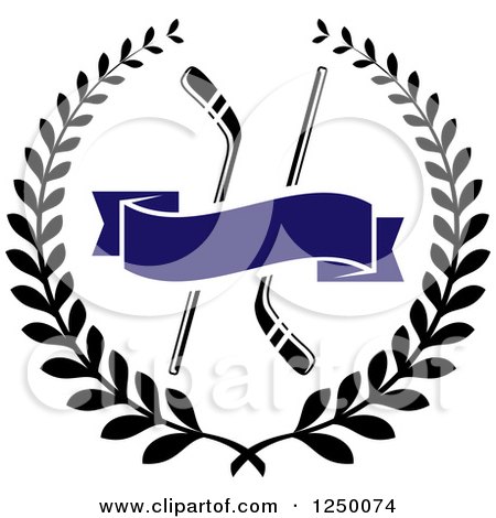 Clipart of a Black and White Laurel Wreath with Hockey Sticks and a Blue Banner - Royalty Free Vector Illustration by Vector Tradition SM