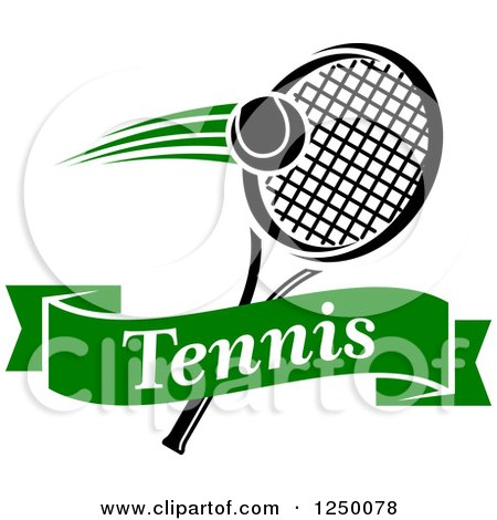 Clipart of a Tennis Ball and Racket with a Ribbon Banner - Royalty Free Vector Illustration by Vector Tradition SM