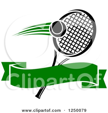 Clipart of a Tennis Ball and Racket with a Green Blank Ribbon Banner - Royalty Free Vector Illustration by Vector Tradition SM