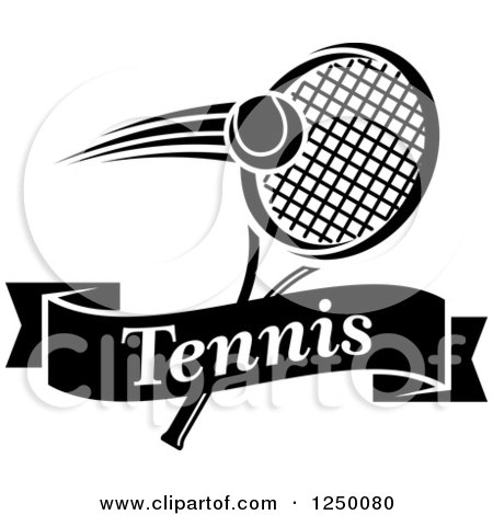 Clipart of a Black and White Tennis Ball and Racket with a Ribbon Banner - Royalty Free Vector Illustration by Vector Tradition SM