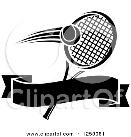 Clipart of a Black and White Tennis Ball and Racket with a Blank Ribbon Banner - Royalty Free Vector Illustration by Vector Tradition SM