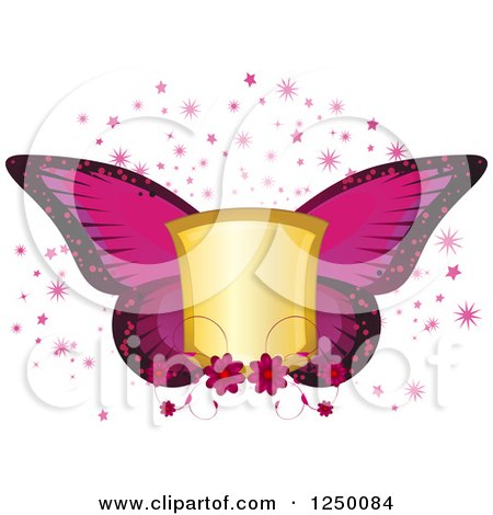 Clipart of a 3d Golden Shield with Magenta Flowers and Butterfly Wings - Royalty Free Vector Illustration by elaineitalia