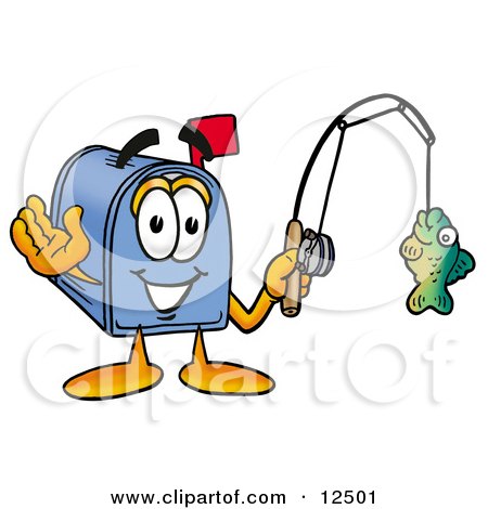 Clipart Picture of a Blue Postal Mailbox Cartoon Character Holding a Fish on a Fishing Pole by Mascot Junction