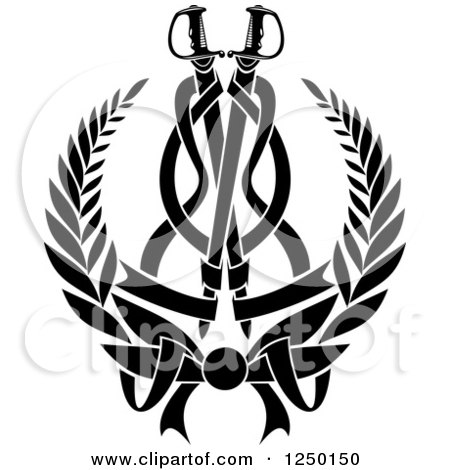 Clipart of a Black and White Laurel Wreath with Swords - Royalty Free Vector Illustration by Vector Tradition SM