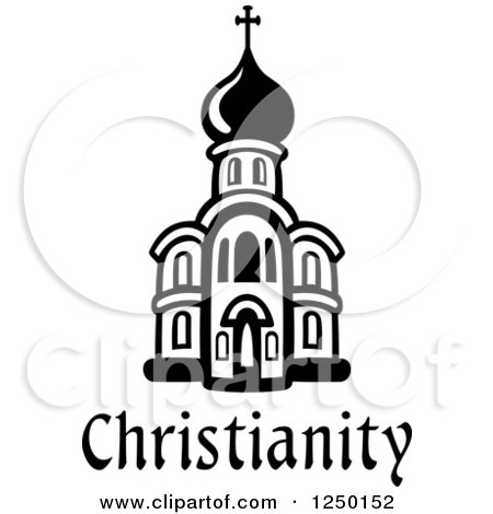 Clipart of a Black and White Church with Christianity Text - Royalty Free Vector Illustration by Vector Tradition SM