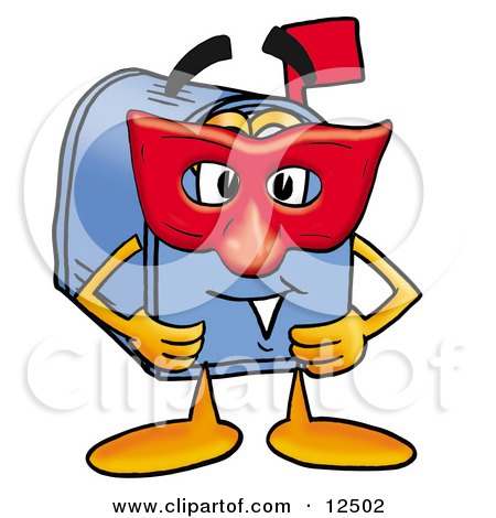 Clipart Picture of a Blue Postal Mailbox Cartoon Character Wearing a Red Mask Over His Face by Mascot Junction