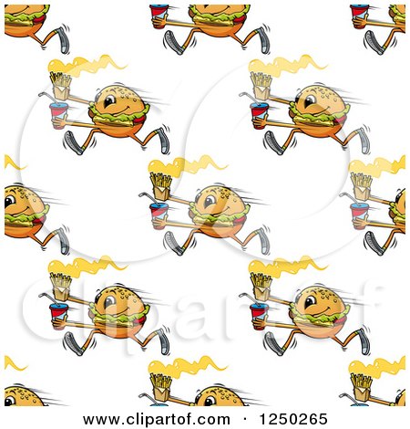 Clipart of a Seamless Background Pattern of Cheeseburgers Running with Fries and Sodas - Royalty Free Vector Illustration by Vector Tradition SM