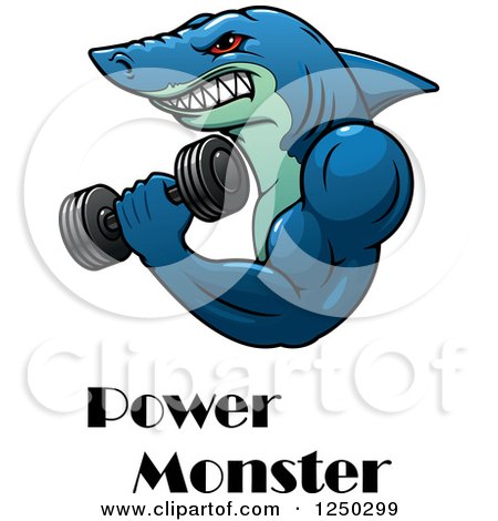 Clipart of a Shark Working out and Power Monster Text - Royalty Free Vector Illustration by Vector Tradition SM