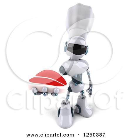 Clipart of a 3d White Chef Robot Holding up a Steak - Royalty Free Illustration by Julos