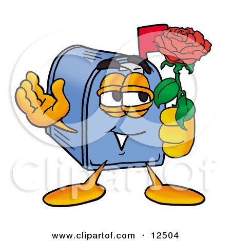 Clipart Picture of a Blue Postal Mailbox Cartoon Character Holding a Red Rose on Valentines Day by Mascot Junction