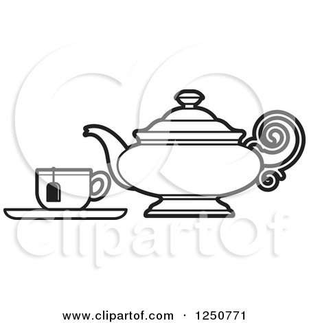 Clipart of a Black and White Tea Pot and Cup - Royalty Free Vector Illustration by Lal Perera