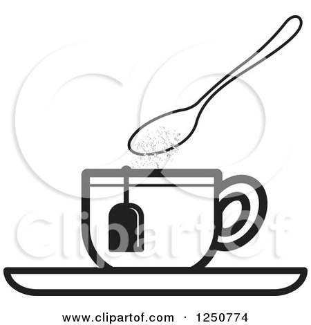 Clipart of a Black and White Spoon Dropping Sugar into a Tea Cup - Royalty Free Vector Illustration by Lal Perera