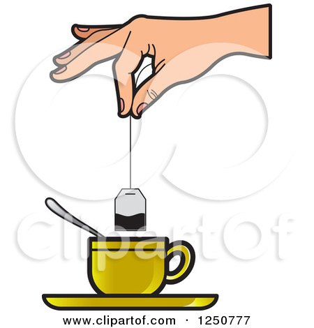Clipart of a Hand Dipping a Tea Bag into a Gold Cup - Royalty Free Vector Illustration by Lal Perera