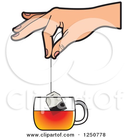 Clipart of a Hand Dipping a Tea Bag into a Glass Cup - Royalty Free Vector Illustration by Lal Perera