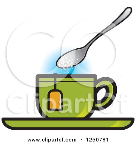 Clipart of a Spoon Dropping Sugar into a Green Tea Cup - Royalty Free Vector Illustration by Lal Perera