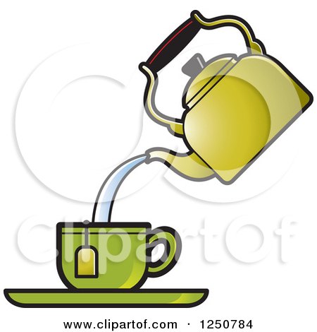 Clipart of a Tea Pot Pouring into a Green Cup - Royalty Free Vector Illustration by Lal Perera