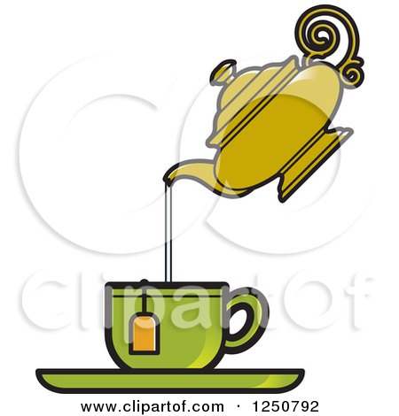 Clipart of a Vintage Tea Pot Pouring into a Green Cup - Royalty Free Vector Illustration by Lal Perera