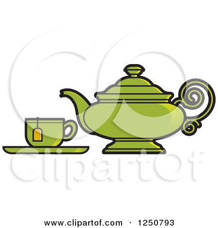 Clipart of a Green Tea Pot and Cup - Royalty Free Vector Illustration by Lal Perera