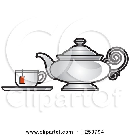 Clipart of a Silver Tea Pot and Cup - Royalty Free Vector Illustration by Lal Perera
