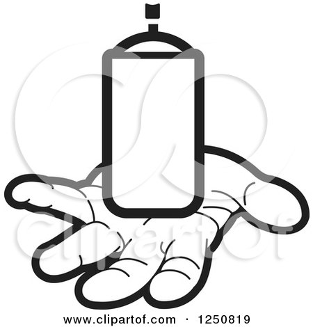 Clipart of a Black and White Hand Holding out a Can of Spray Paint - Royalty Free Vector Illustration by Lal Perera