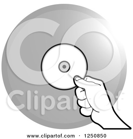 Clipart of a Black and White Hand Holding a Cd over a Silver Circle - Royalty Free Vector Illustration by Lal Perera