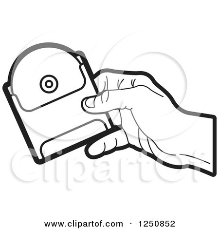 Clipart of a Black and White Hand Holding a Cd in a Sleeve - Royalty Free Vector Illustration by Lal Perera