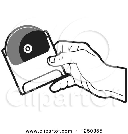 Clipart of a Black and White Hand Holding a Dvd or Cd in a Sleeve - Royalty Free Vector Illustration by Lal Perera