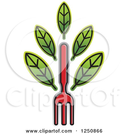 Clipart of a Red Fork with Leaves - Royalty Free Vector Illustration by Lal Perera