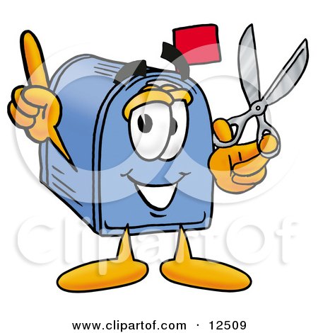 Clipart Picture of a Blue Postal Mailbox Cartoon Character Holding a Pair of Scissors by Mascot Junction