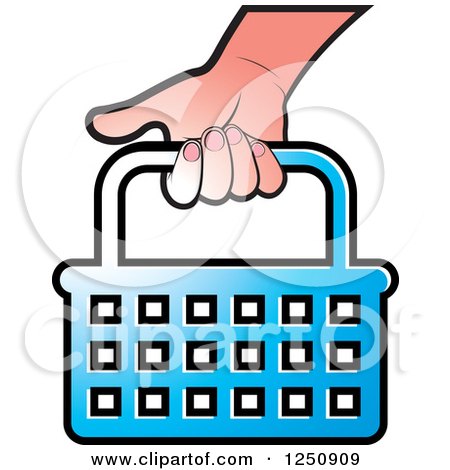 Clipart of a Hand Carrying a Blue Shopping Basket Icon - Royalty Free Vector Illustration by Lal Perera