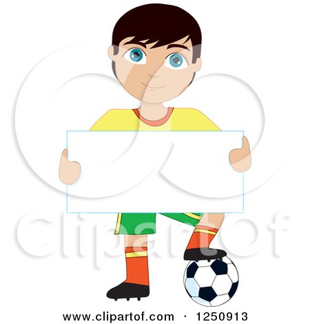 Clipart of a Soccer Player Boy Holding a Sign and Resting a Foot on a Ball - Royalty Free Vector Illustration by Maria Bell