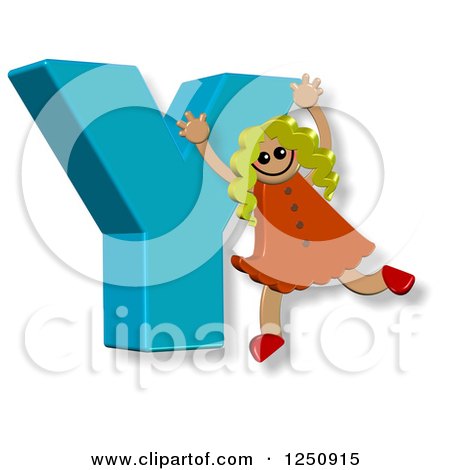 Clipart of a 3d Capital Letter Y and Happy Running Girl - Royalty Free Illustration by Prawny
