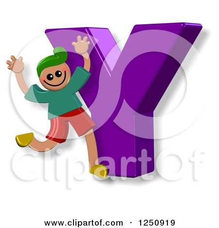 Clipart of a 3d Capital Letter Y and Happy Running Boy - Royalty Free Illustration by Prawny