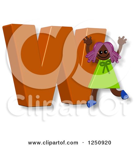Clipart of a 3d Capital Letter W and Happy Running Girl - Royalty Free Illustration by Prawny