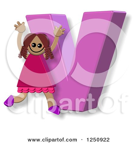 Clipart of a 3d Capital Letter V and Happy Running Girl - Royalty Free Illustration by Prawny