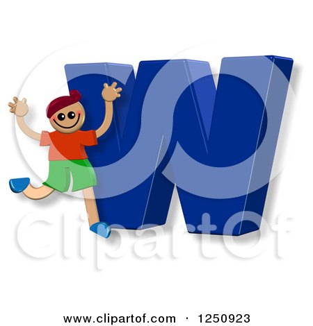 Clipart of a 3d Capital Letter W and Happy Running Boy - Royalty Free Illustration by Prawny